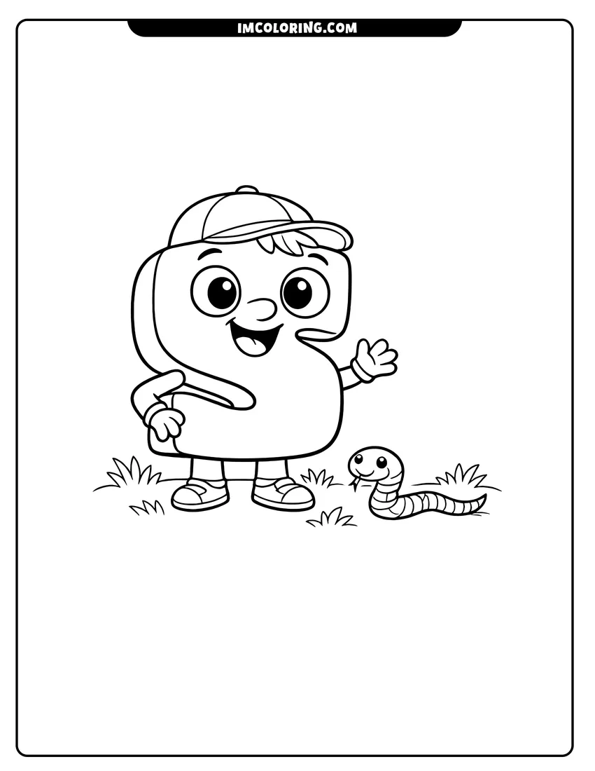 Cute Alphablock S standing near a slithering snake outline for coloring