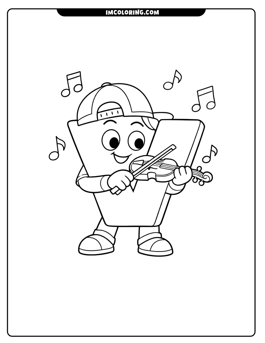 Simple sketch of Alphablock V playing a violin with musical notes for children