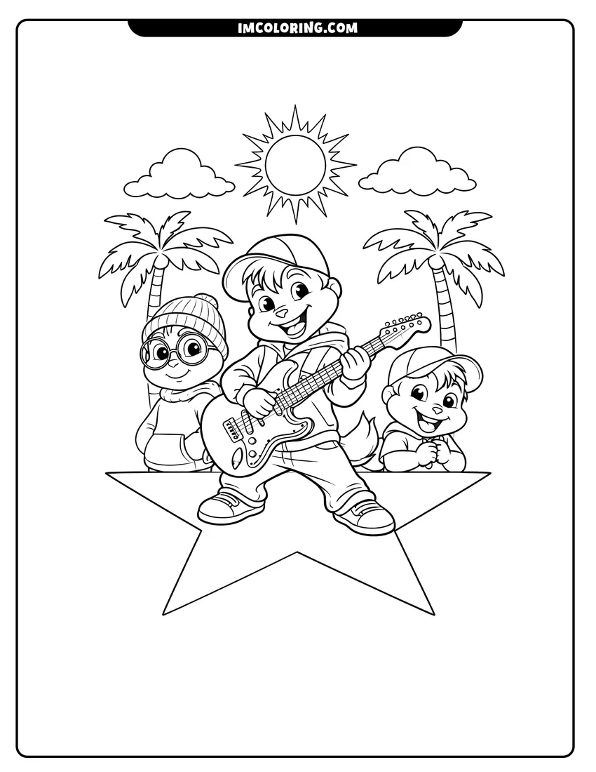 Simple sketch of Alvin playing electric guitar with Simon and Theodore for children
