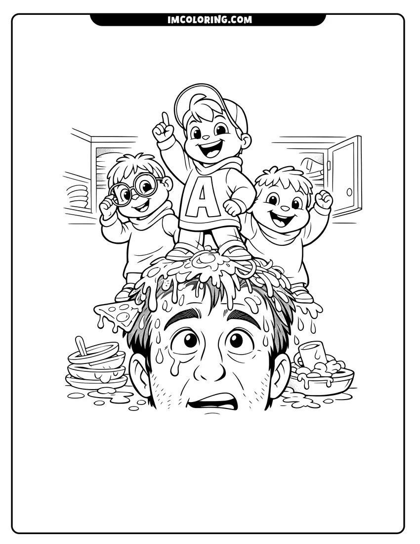 Printable coloring page featuring Alvin Simon and Theodore on Dave Seville's head