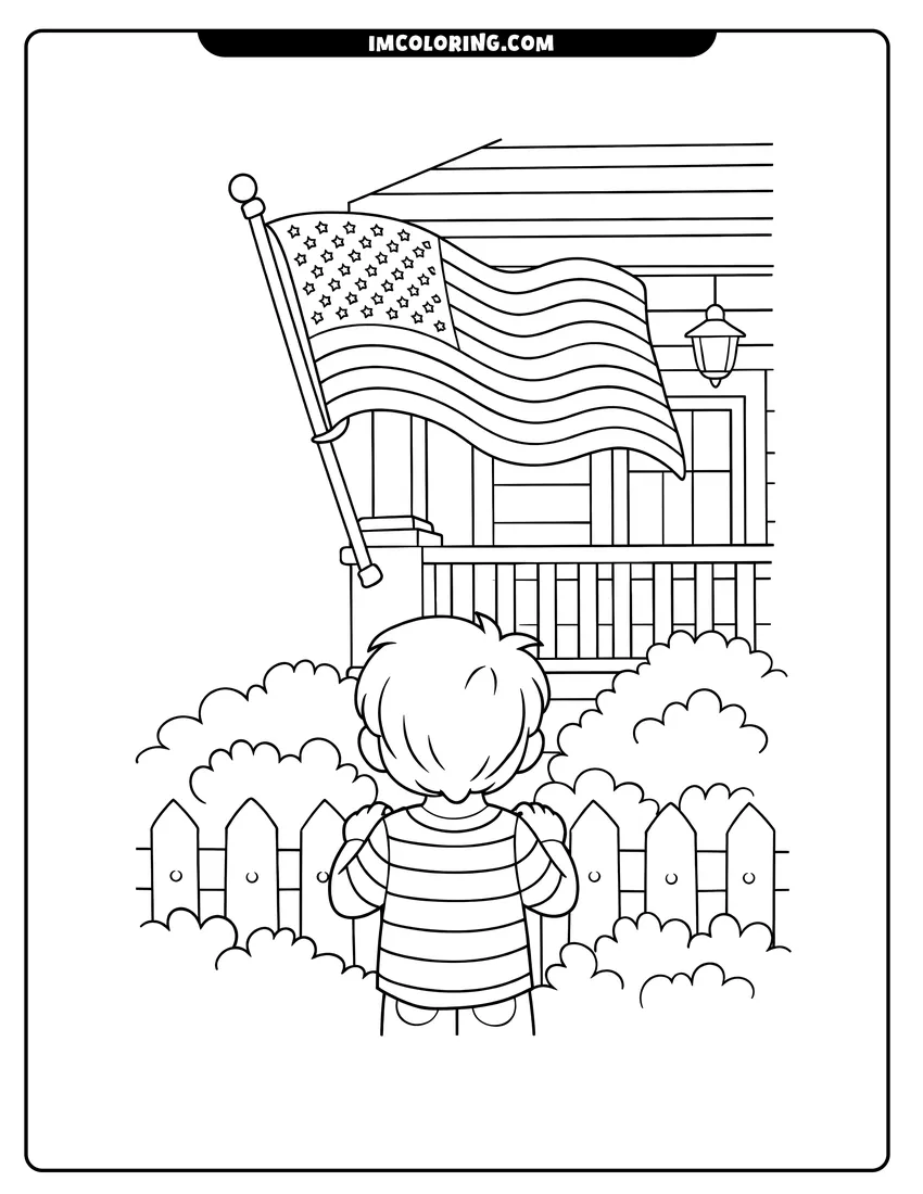 Printable coloring page featuring American flag waving from a classic house porch