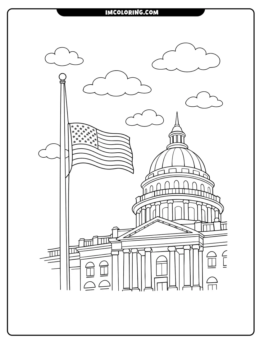 Kawaii style American flag at half mast near government building coloring picture