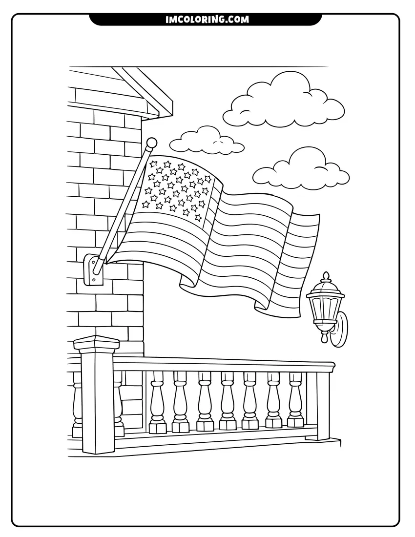 Printable American flag hanging on a brick house porch coloring activity