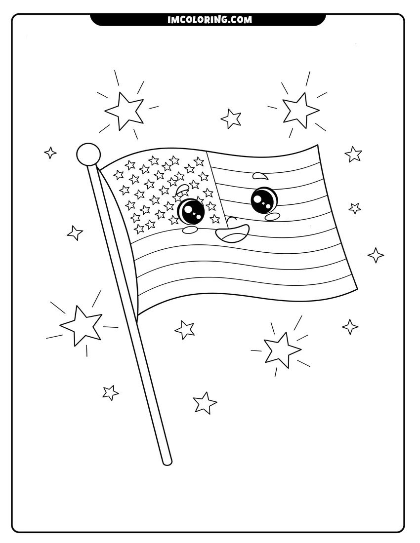 Coloring page for kids: Cute smiling American flag surrounded by many sparkling stars