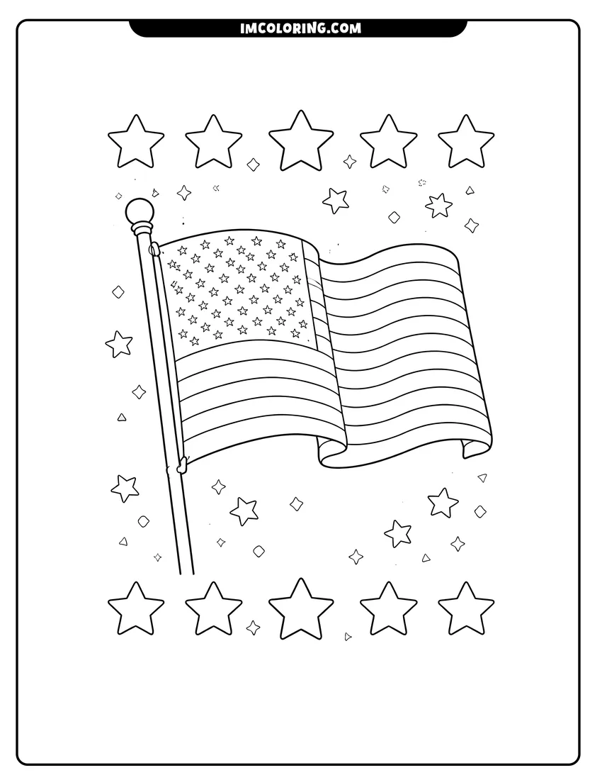 Line art depicting American flag with a decorative star border