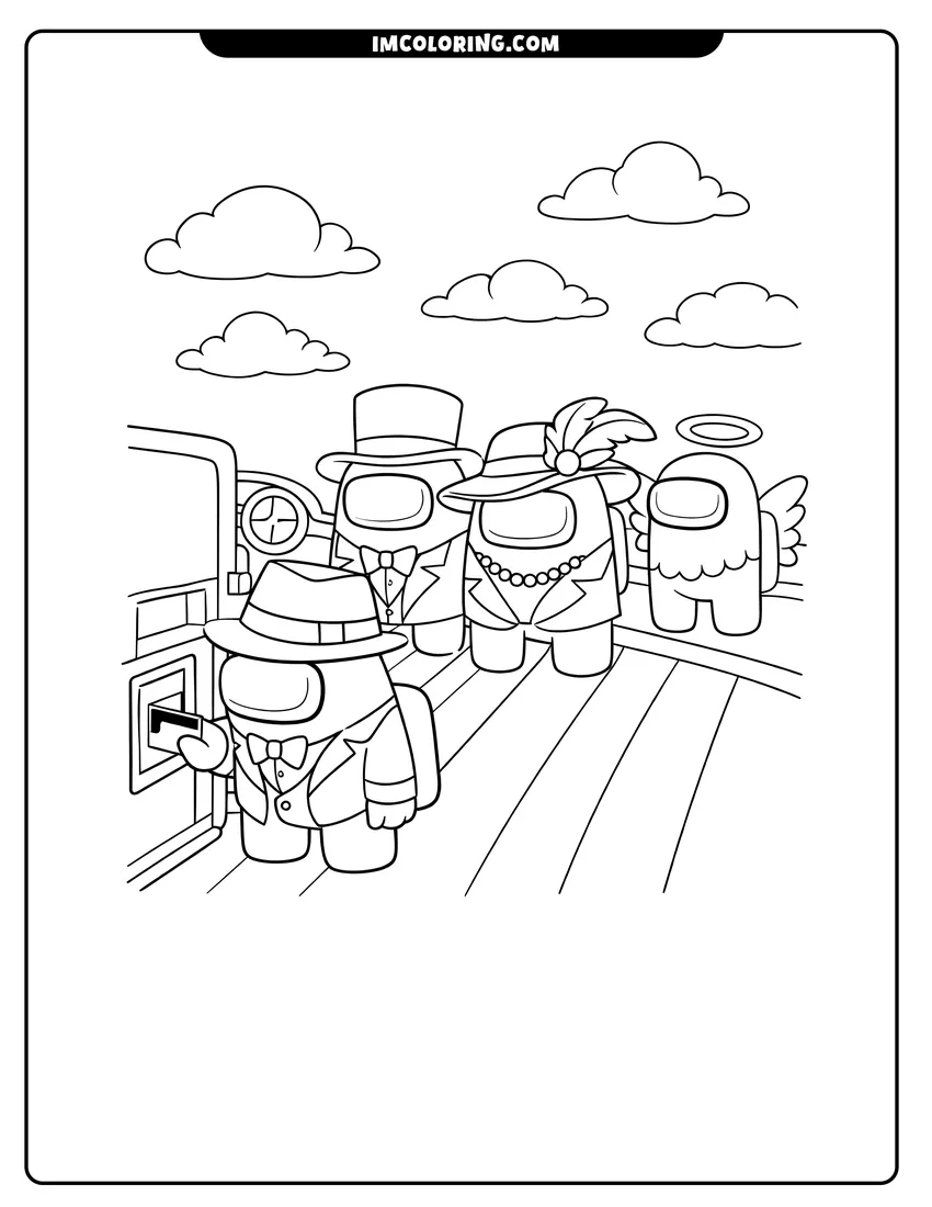 Cute Among Us crewmates on airship deck with wings outline for coloring