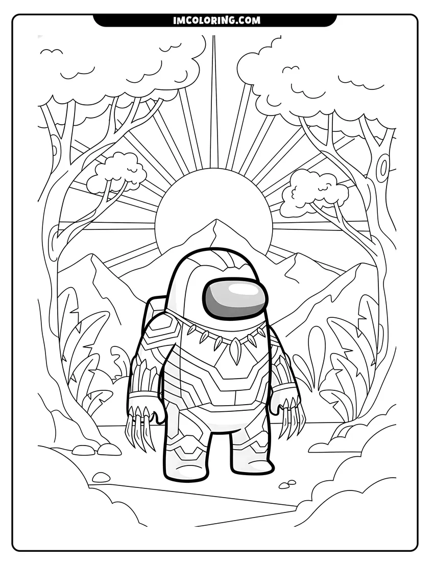 Scene showing Among Us character in a Black Panther suit to color