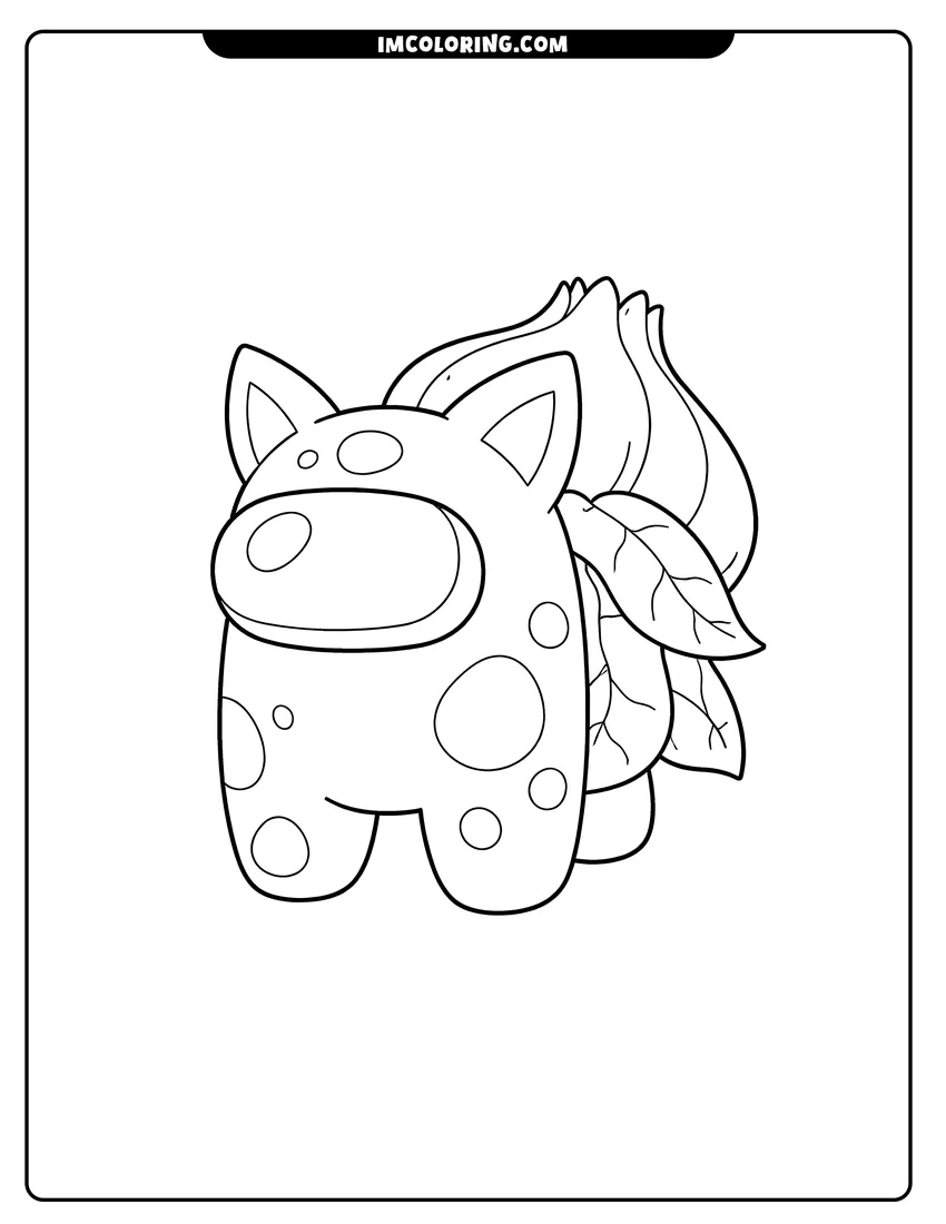 Black and white Bulbasaur-themed Among Us crewmate with leaf bulb coloring sheet
