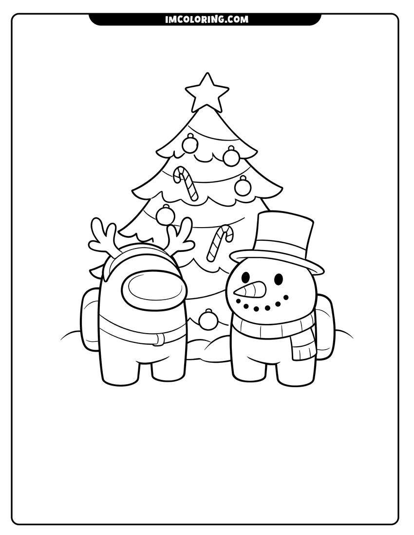 Kids activity sheet showing Among Us crewmates with reindeer antlers and snowman head