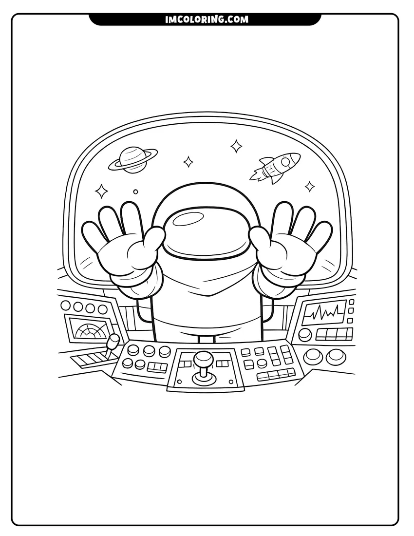 Among Us crewmate looking out a spaceship cockpit window drawing meant for coloring