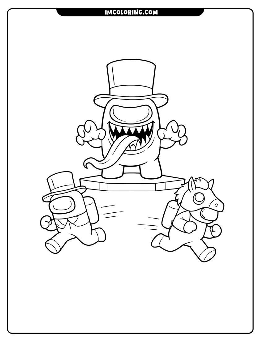 Outline of Crewmates running away from an Among Us imposter on a white background