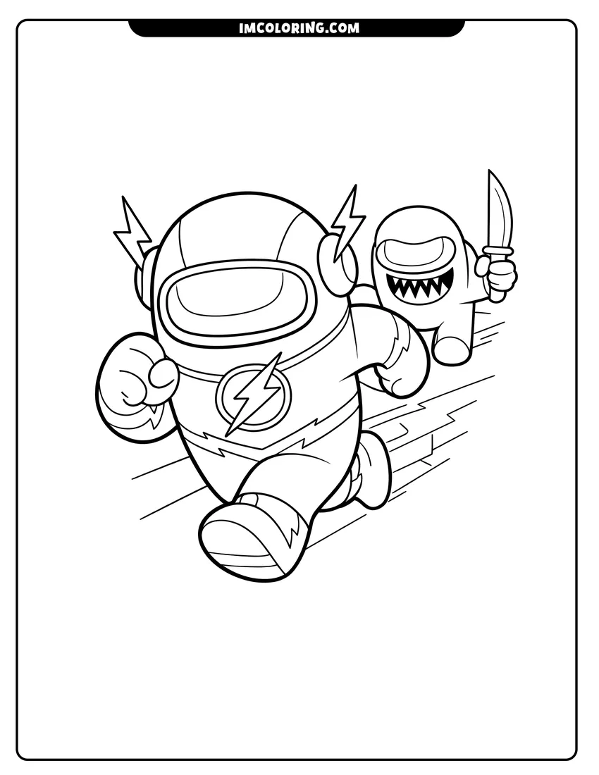 Kawaii style Among Us Flash character being chased by imposter coloring picture