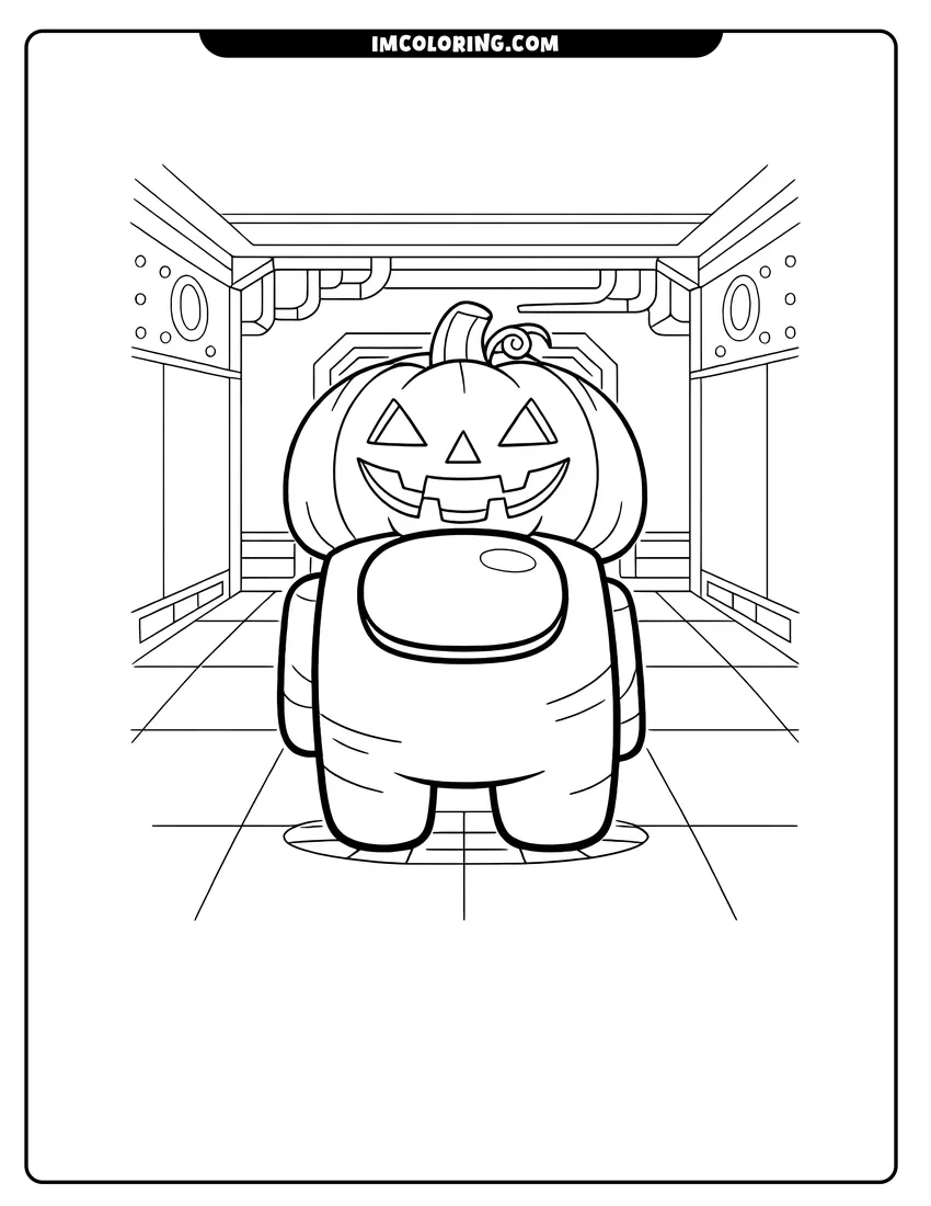 Simple line drawing of Among Us crewmate wearing a jack-o-lantern hat