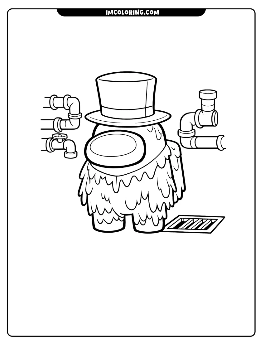 Scene showing Among Us imposter wearing a top hat in room to color