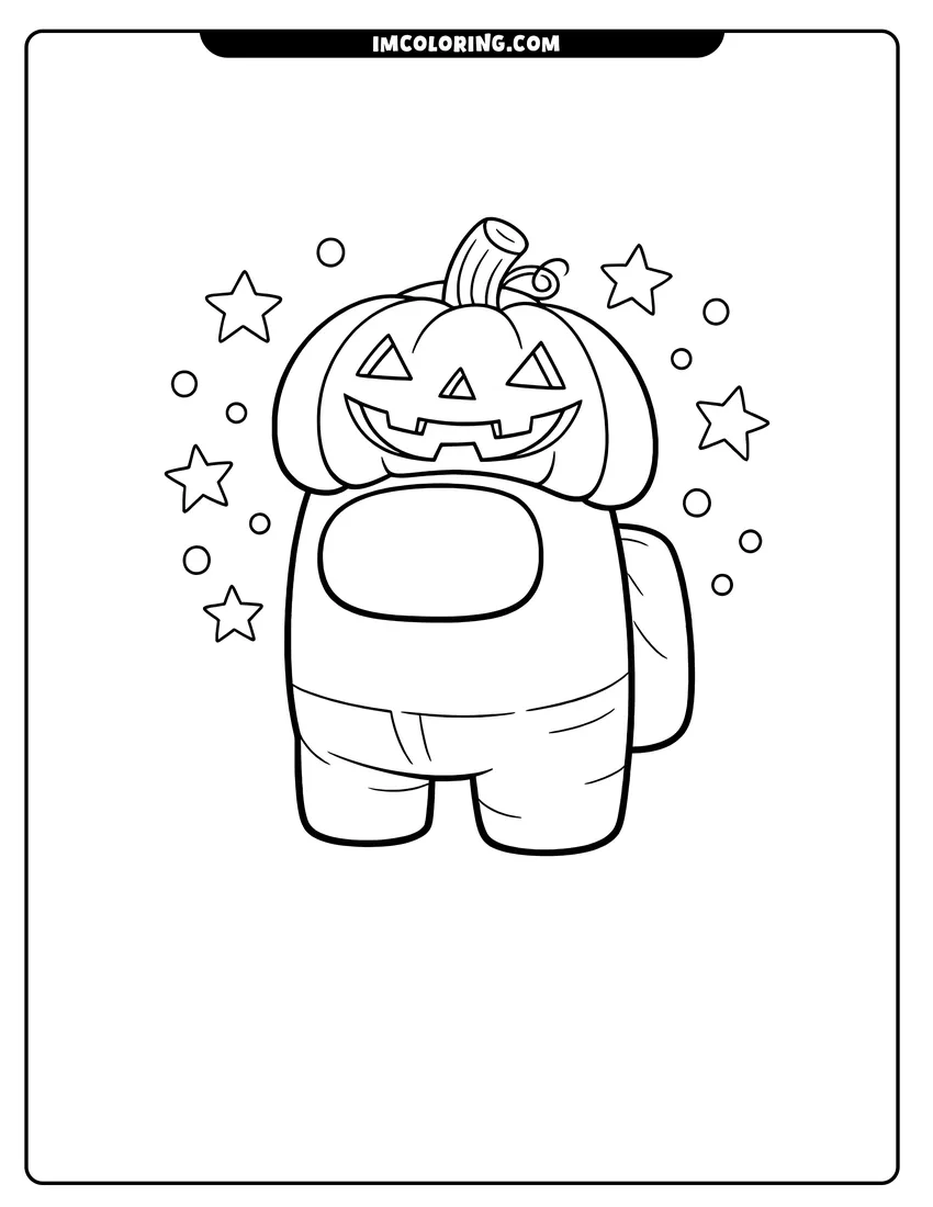Outline of Cute Among Us crewmate wearing a pumpkin hat on a white background
