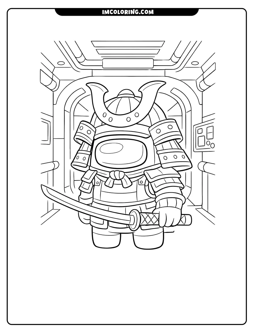 Coloring sheet of Among Us crewmate wearing samurai helmet and armor for kids