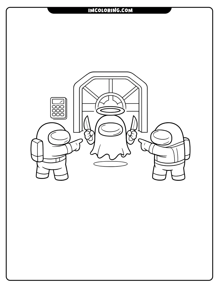 Line art depicting Two Among Us crewmates pointing at a ghost