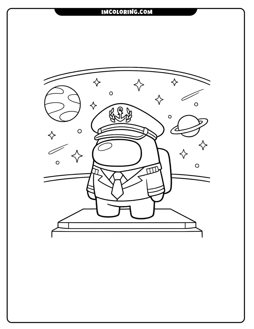Line art depicting Among Us crewmate wearing a captain hat in space