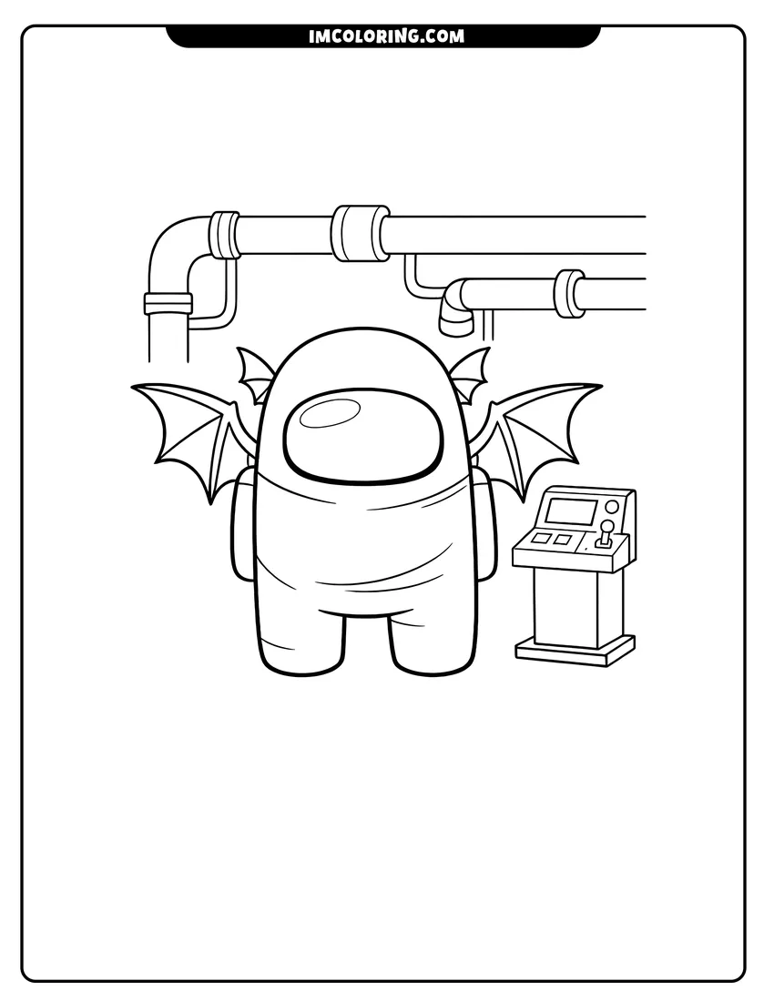 Line art depicting Among Us crewmate wearing spiky bat wings