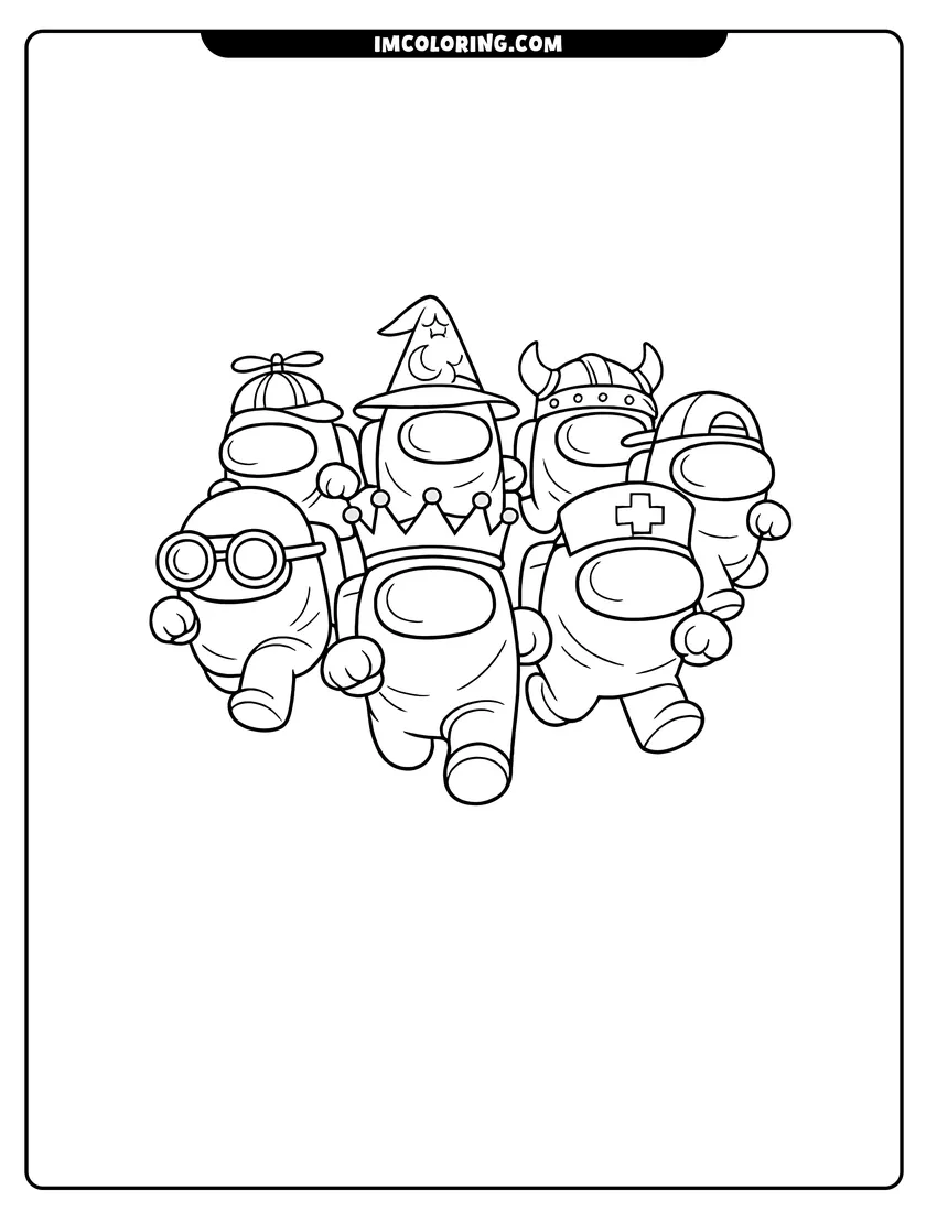 Group of seven Among Us crewmates running coloring page for preschoolers