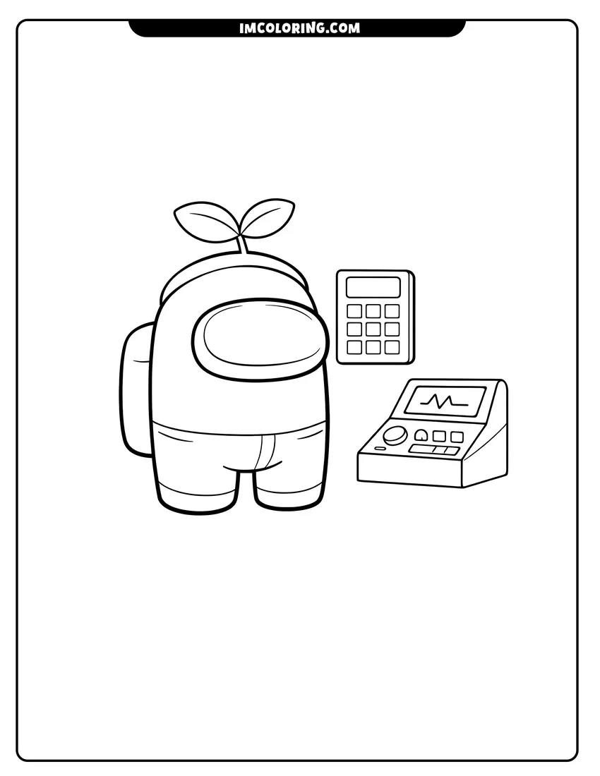 Kids activity sheet showing Cute Among Us crewmate wearing a leaf hat