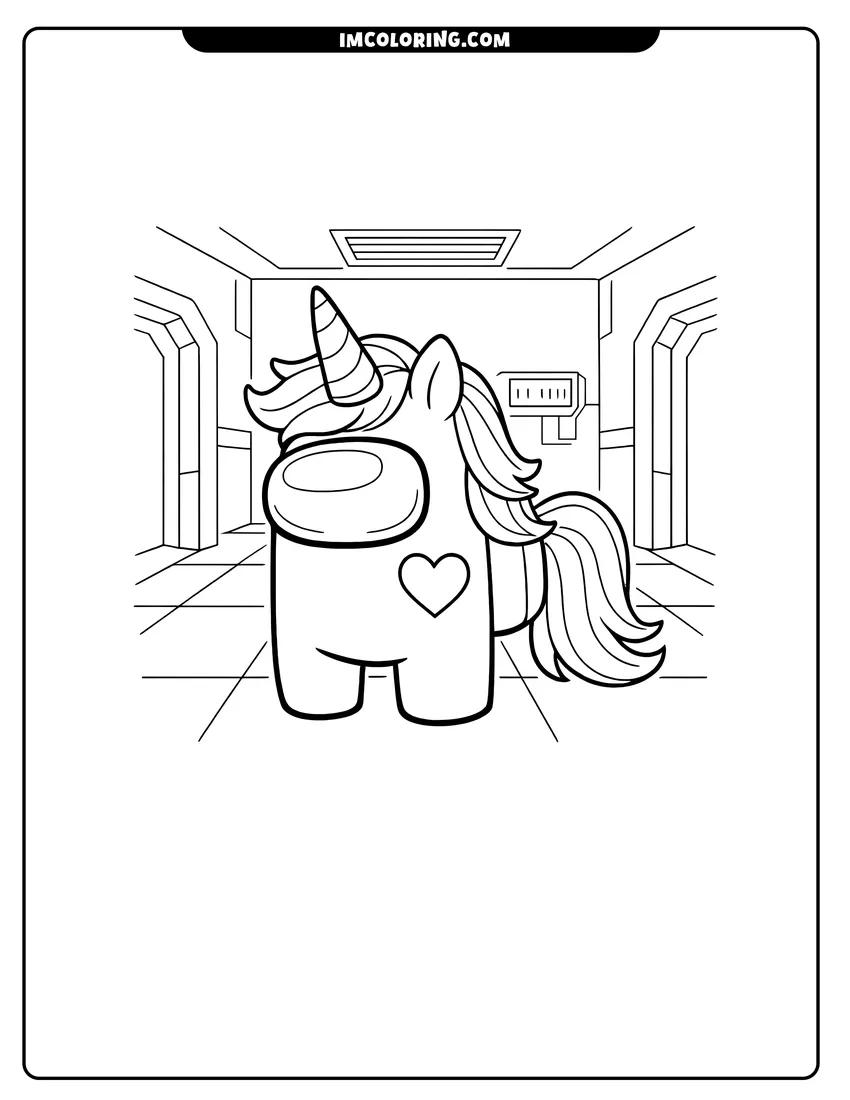 Line art depicting Among Us crewmate with unicorn horn in hallway