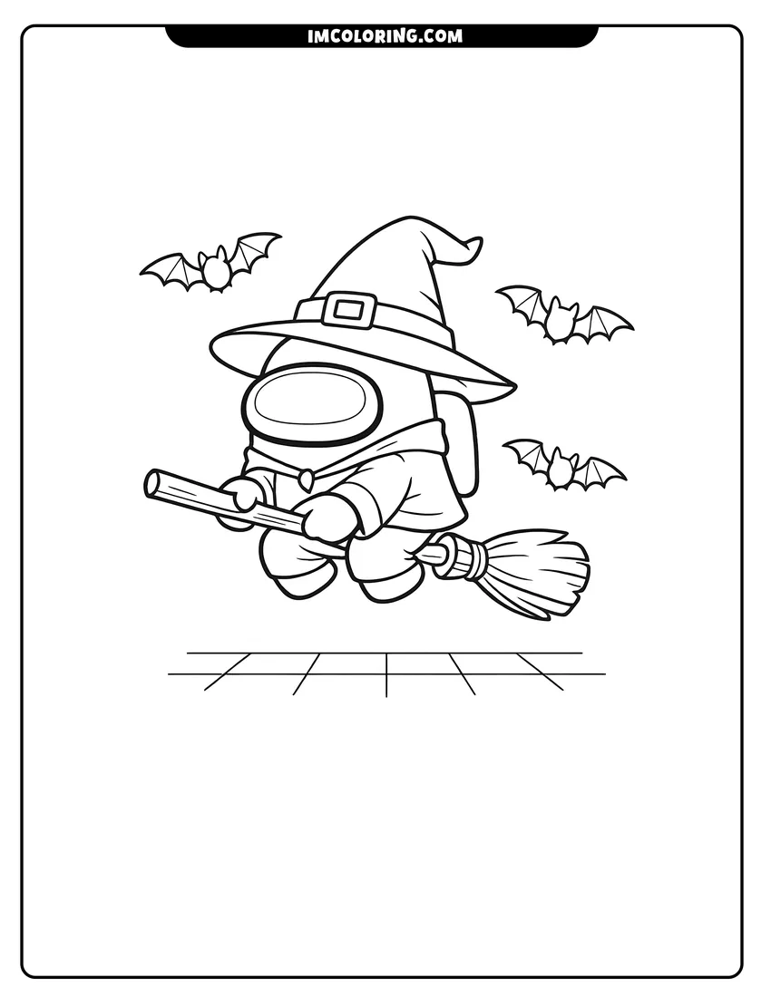 Printable coloring page featuring Among Us crewmate wearing a witch hat on broom