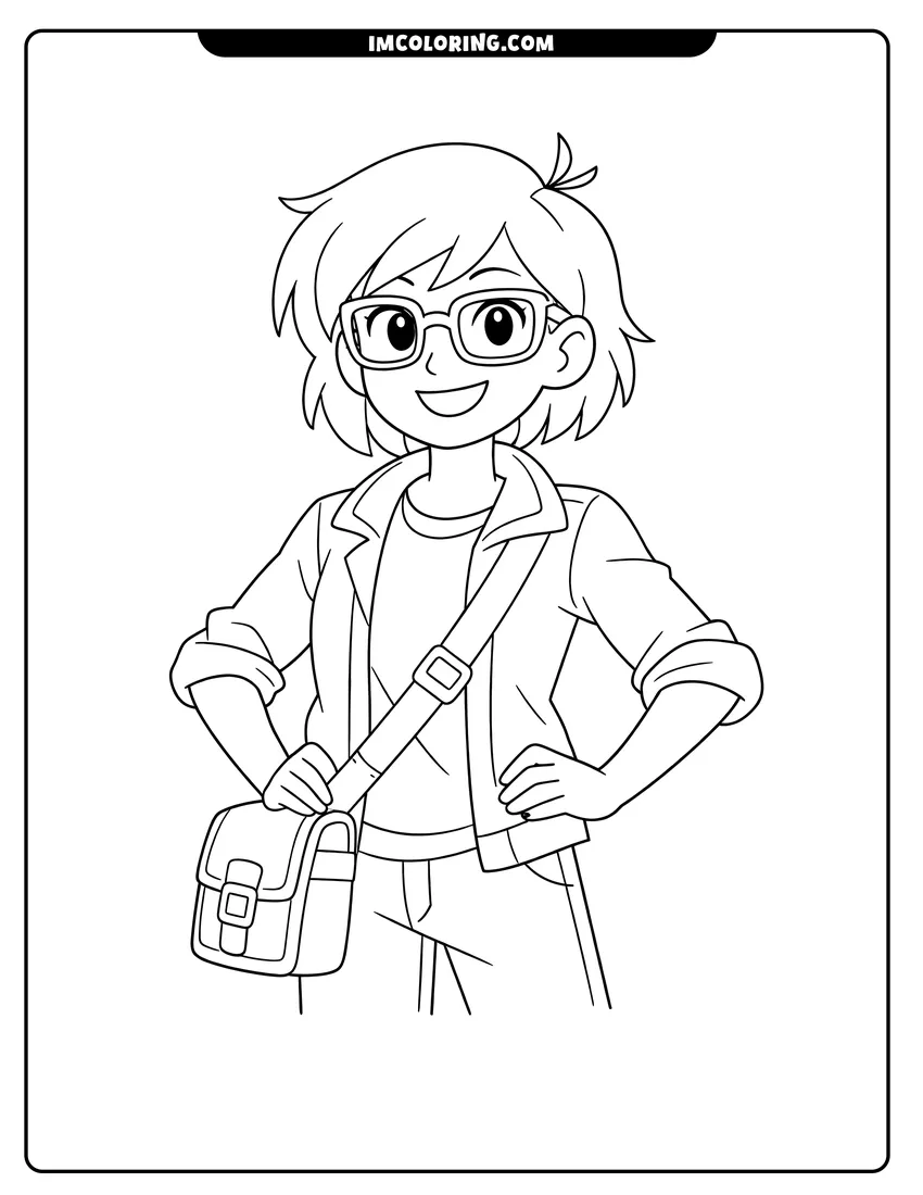 Printable Adult Marcy Wu standing with a messenger bag coloring activity