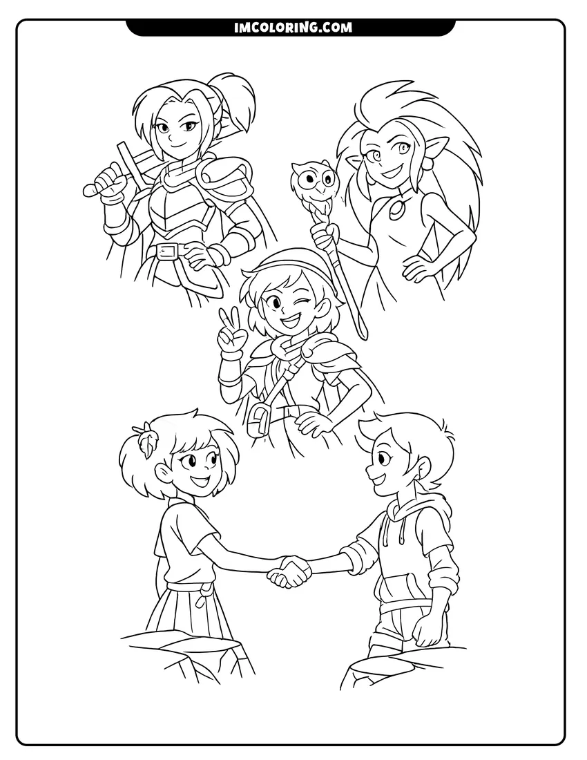 Simple sketch of Amphibia and Owl House characters together for children