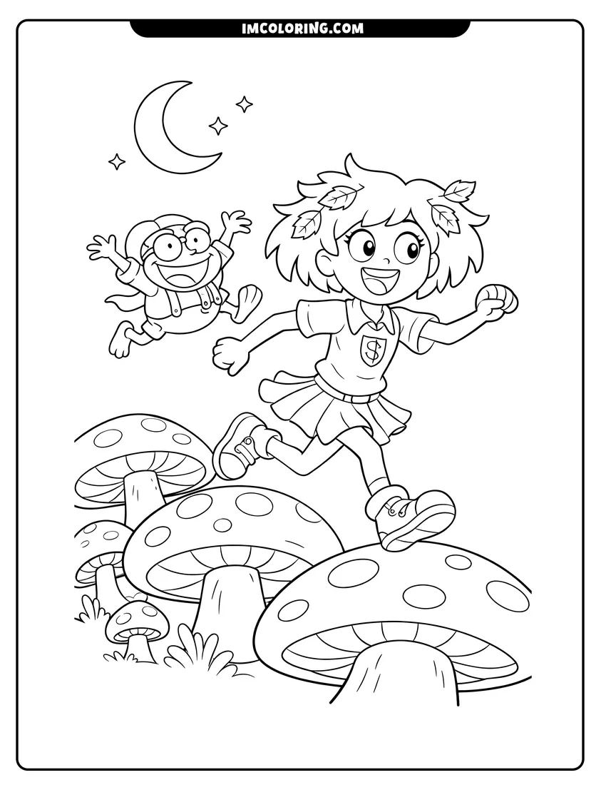 Printable outline of Anne and Hop Pop leaping on mushrooms