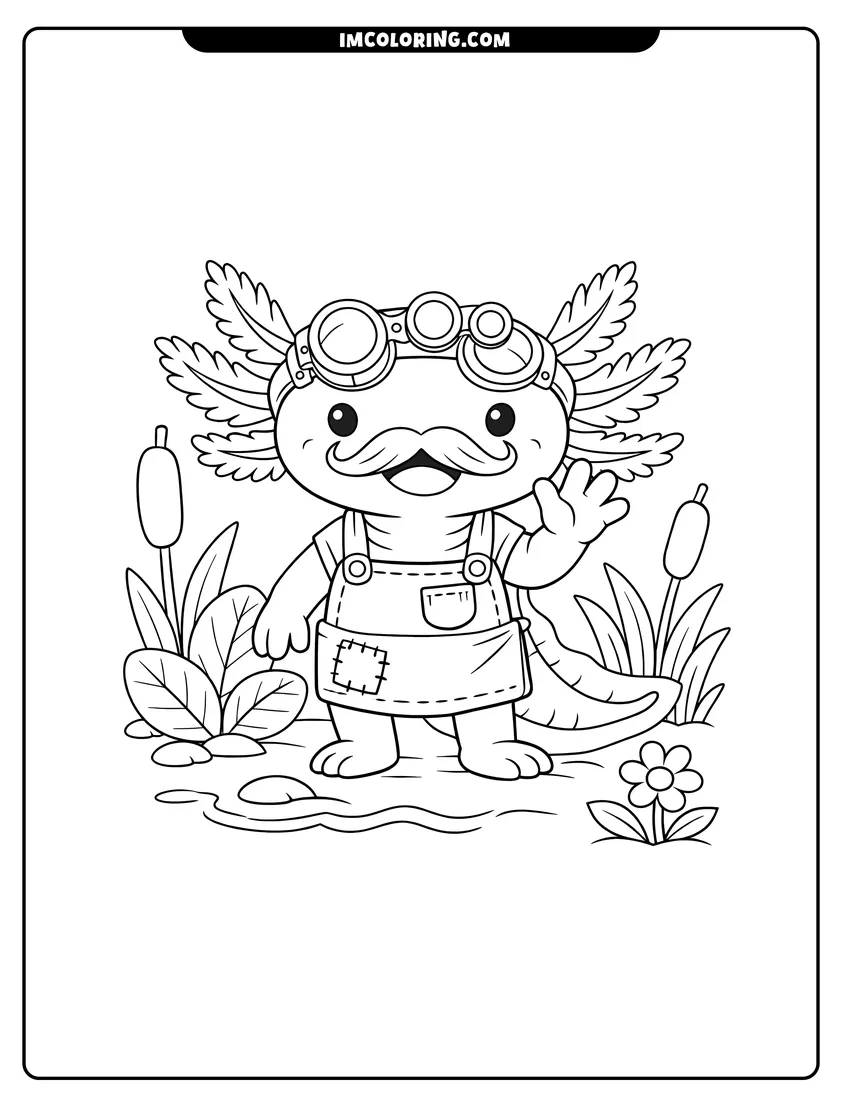Printable coloring page featuring Smiling axolotl Loggle waving in the swamp