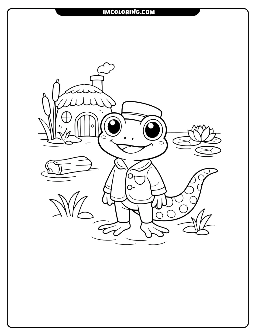 Kids activity sheet showing Bella the frog with a hat