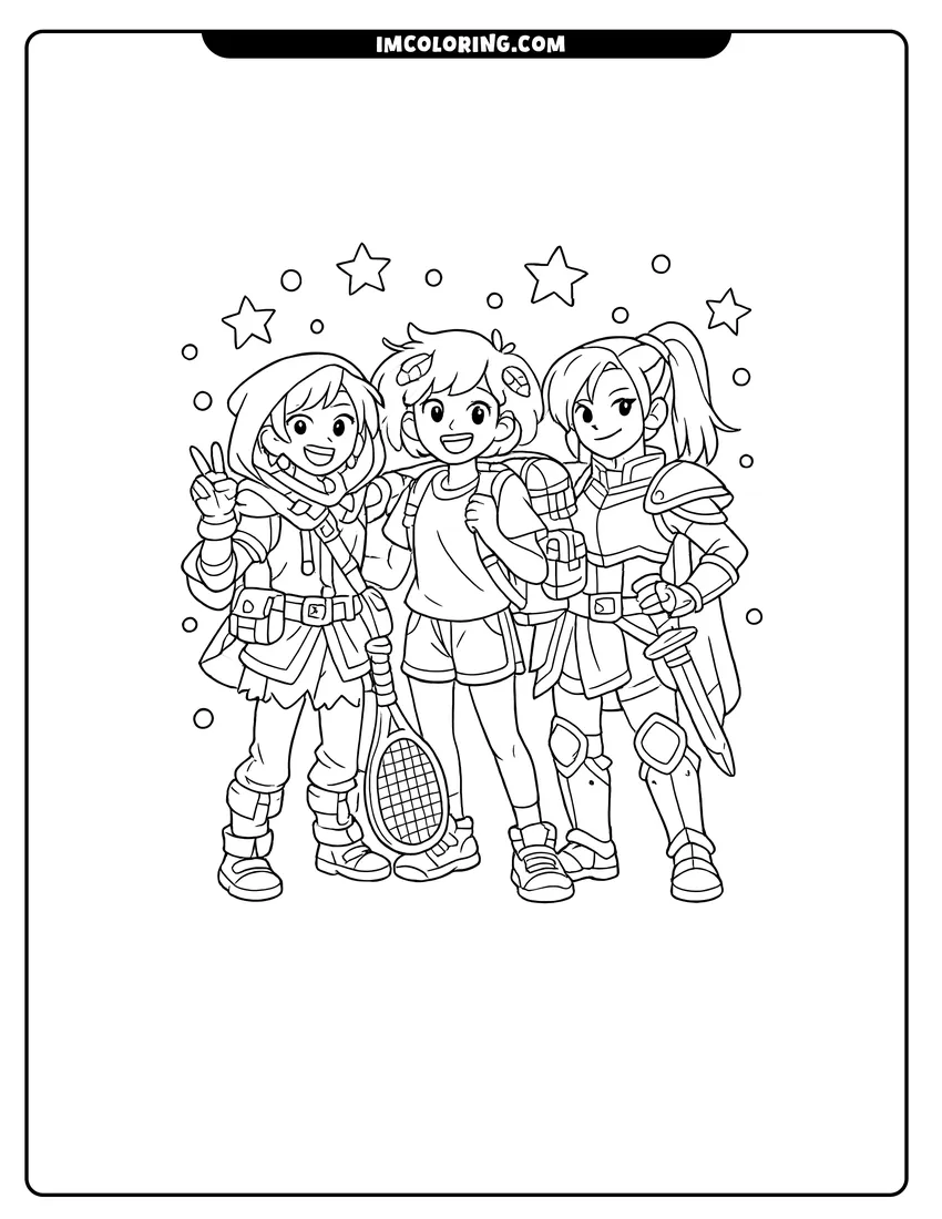 Simple line drawing of Marcy Anne and Sasha with floating stars