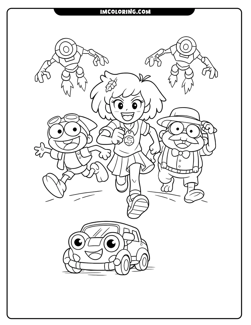 Kawaii style Anne and Sprig escaping robots in the city coloring picture