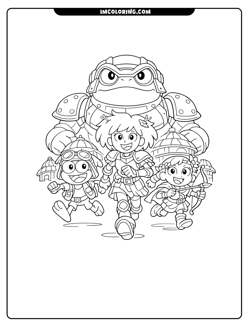 Coloring sheet of Sprig Anne and Ivy running through Wartwood village for kids