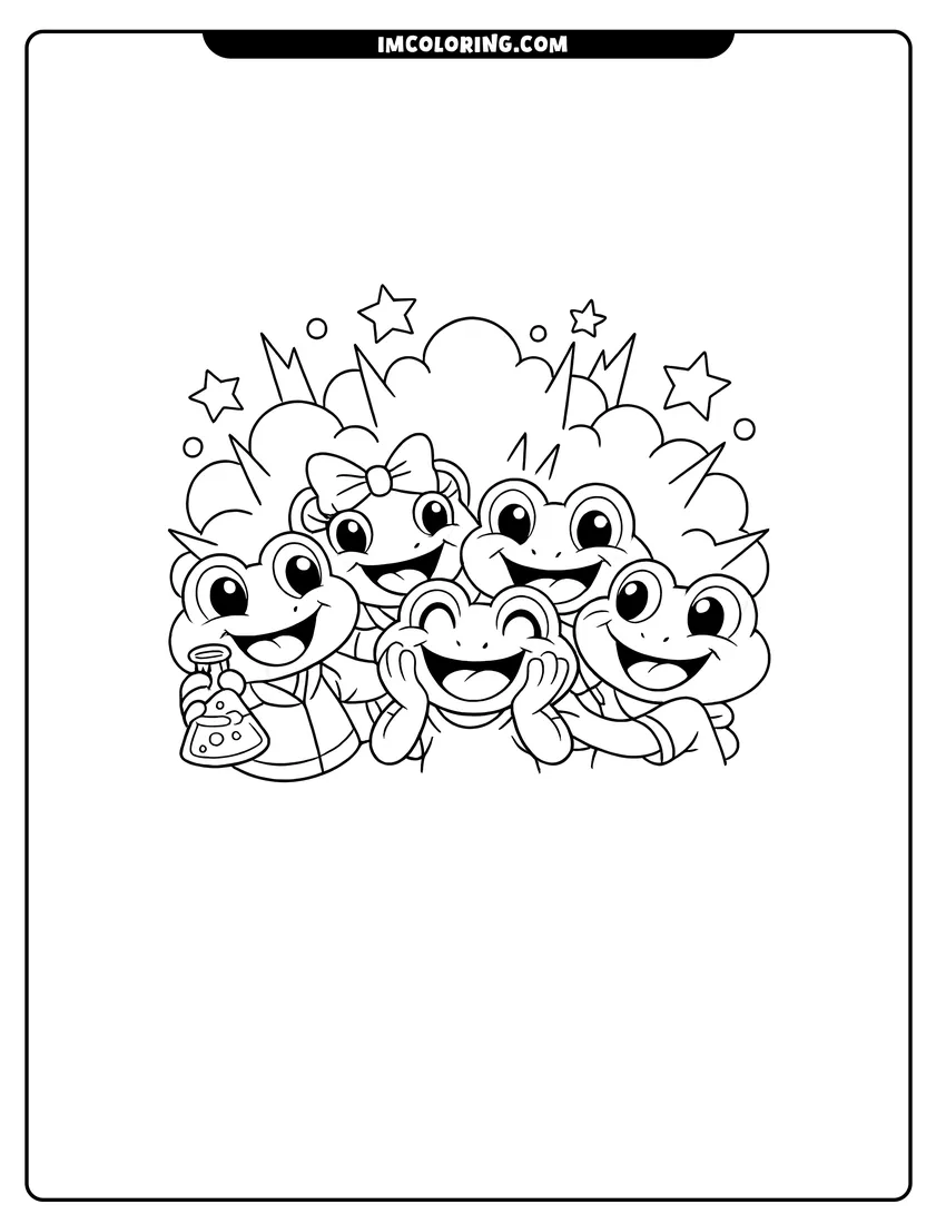 Coloring sheet of Group of four kawaii frog friends for kids