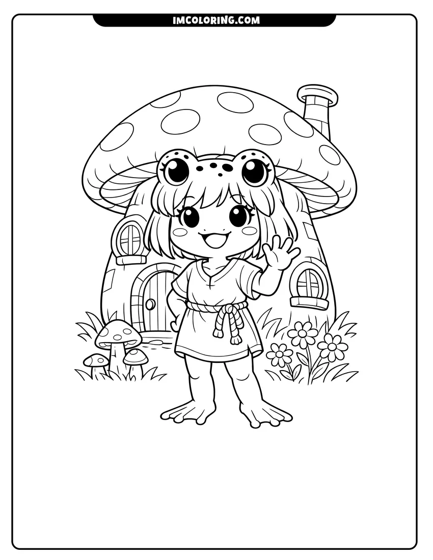 Illustration of Maddie Flour waving near mushroom house ready for painting