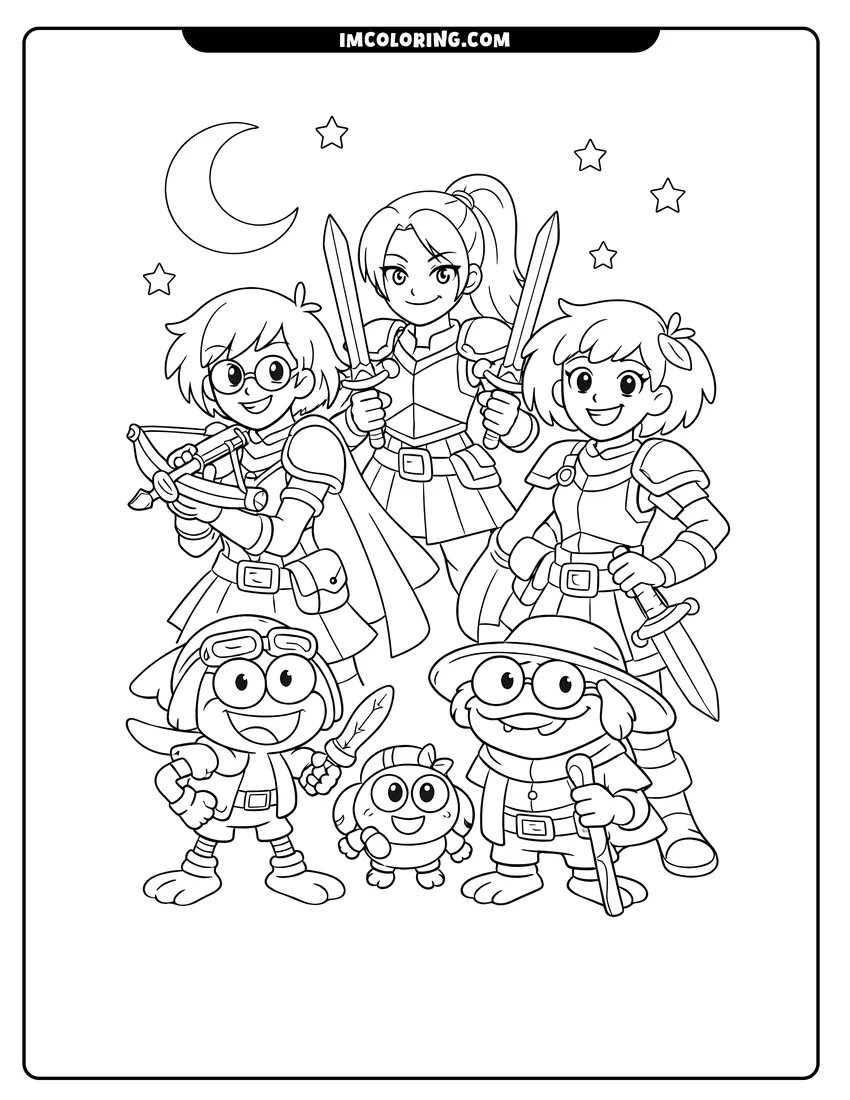 Black and white Amphibia crew under a starry night sky coloring sheet