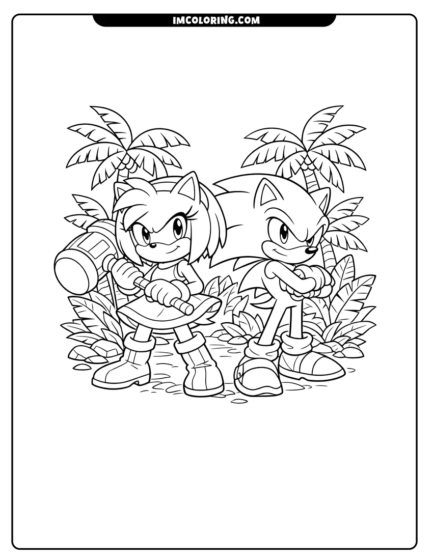 Cute Amy Rose and Sonic in the jungle outline for coloring
