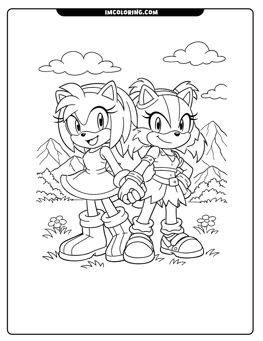 Kawaii style Amy Rose and Sticks the Badger coloring picture