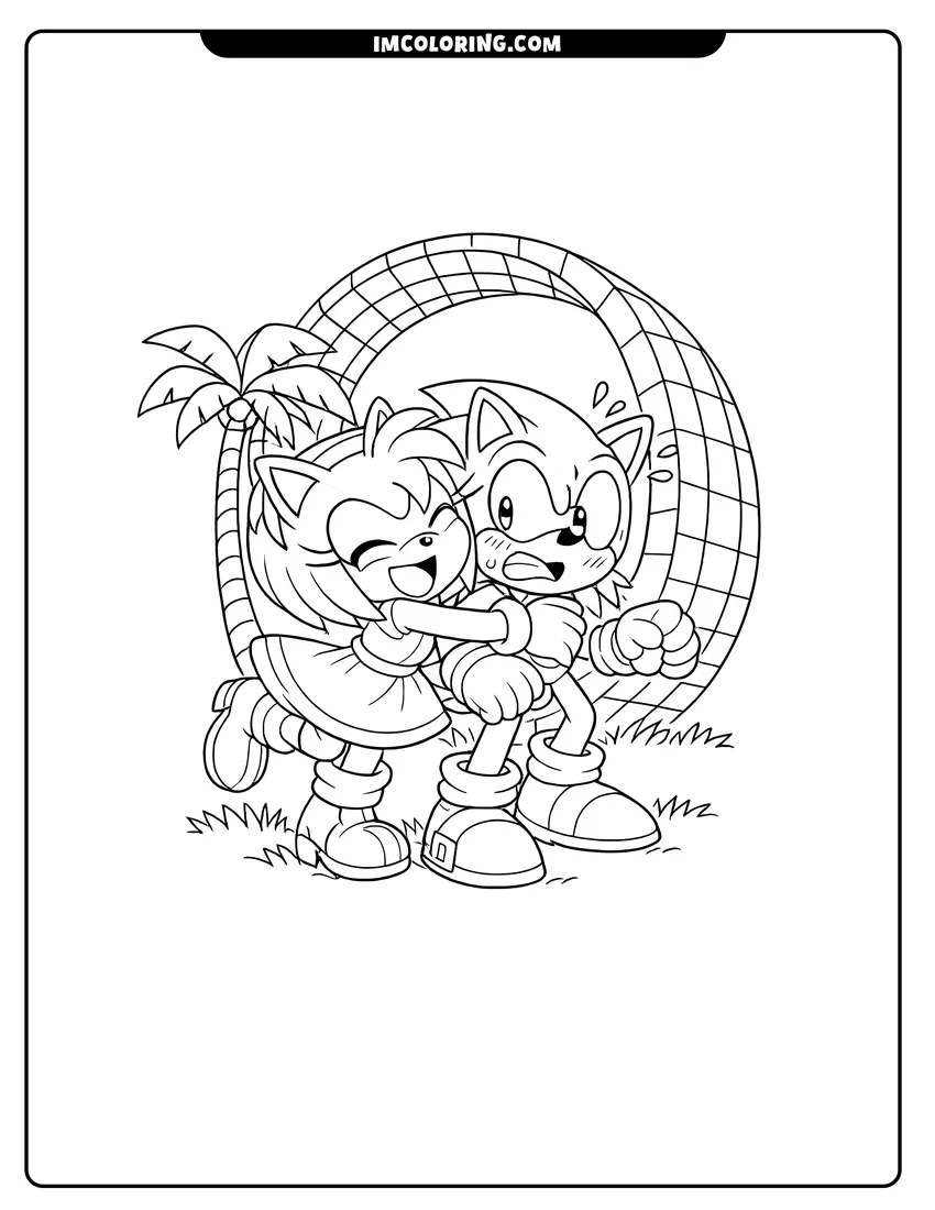 Printable outline of Amy Rose hugging Sonic the Hedgehog