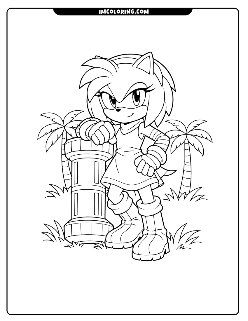 Black and white Amy Rose leaning on a hammer coloring sheet