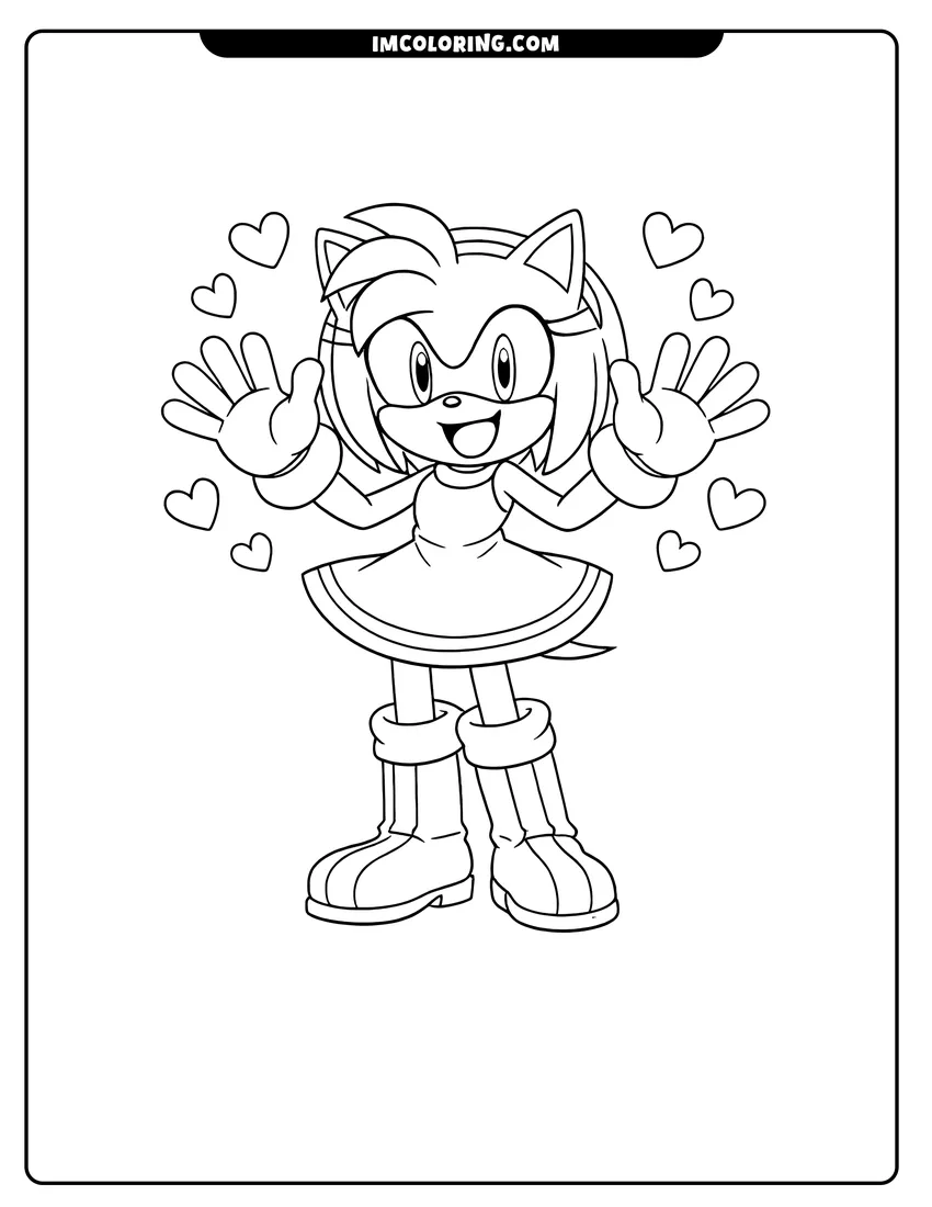 Detailed Amy Rose waving with floating hearts design for coloring