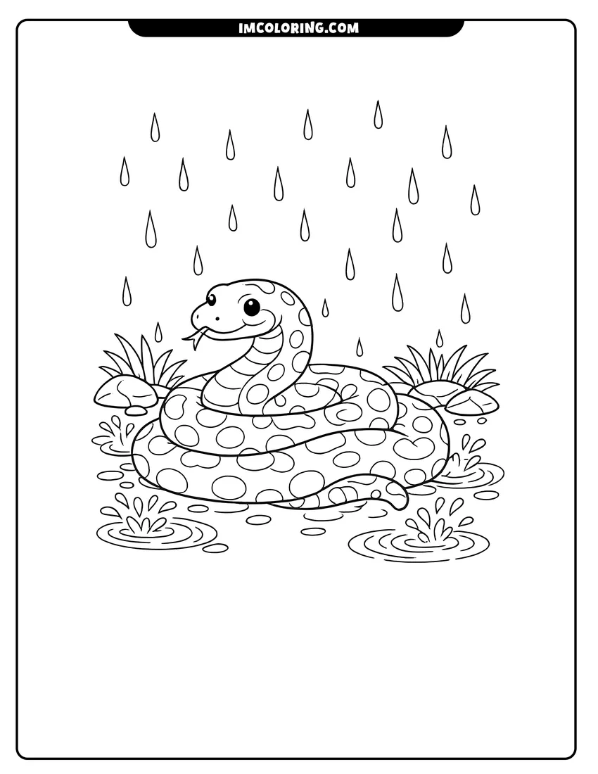 Outline of Large spotted Anaconda coiled on wet ground during rain on a white background