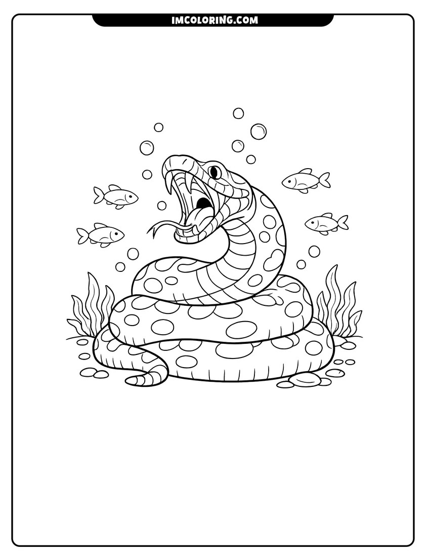 Detailed Spotted Anaconda on seafloor with fish and bubbles design for coloring