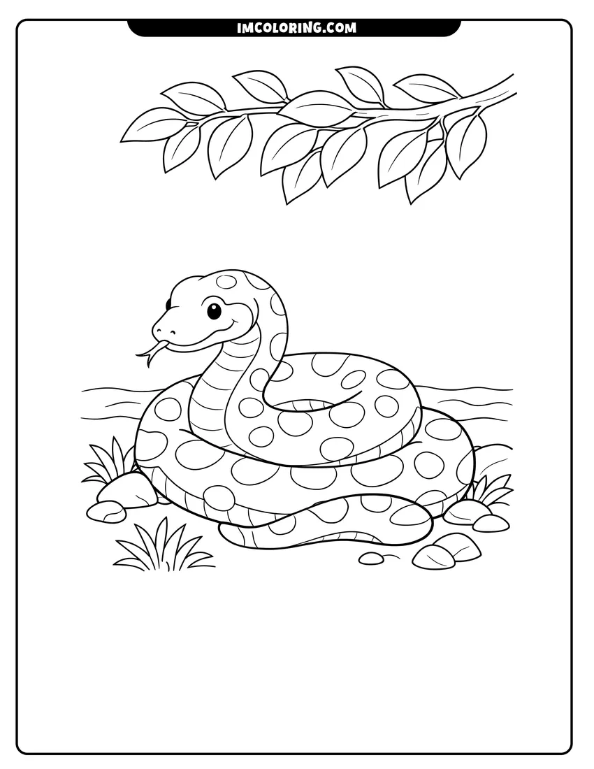 Simple line drawing of Spotted Anaconda coiled on a riverbank under a tree