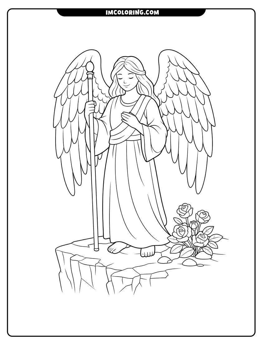 Printable outline of Angel with a staff standing on a canyon edge