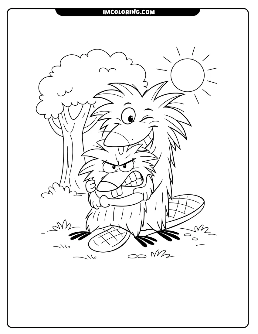 Cute Cartoon beaver brothers Norbert and Daggett in the forest outline for coloring