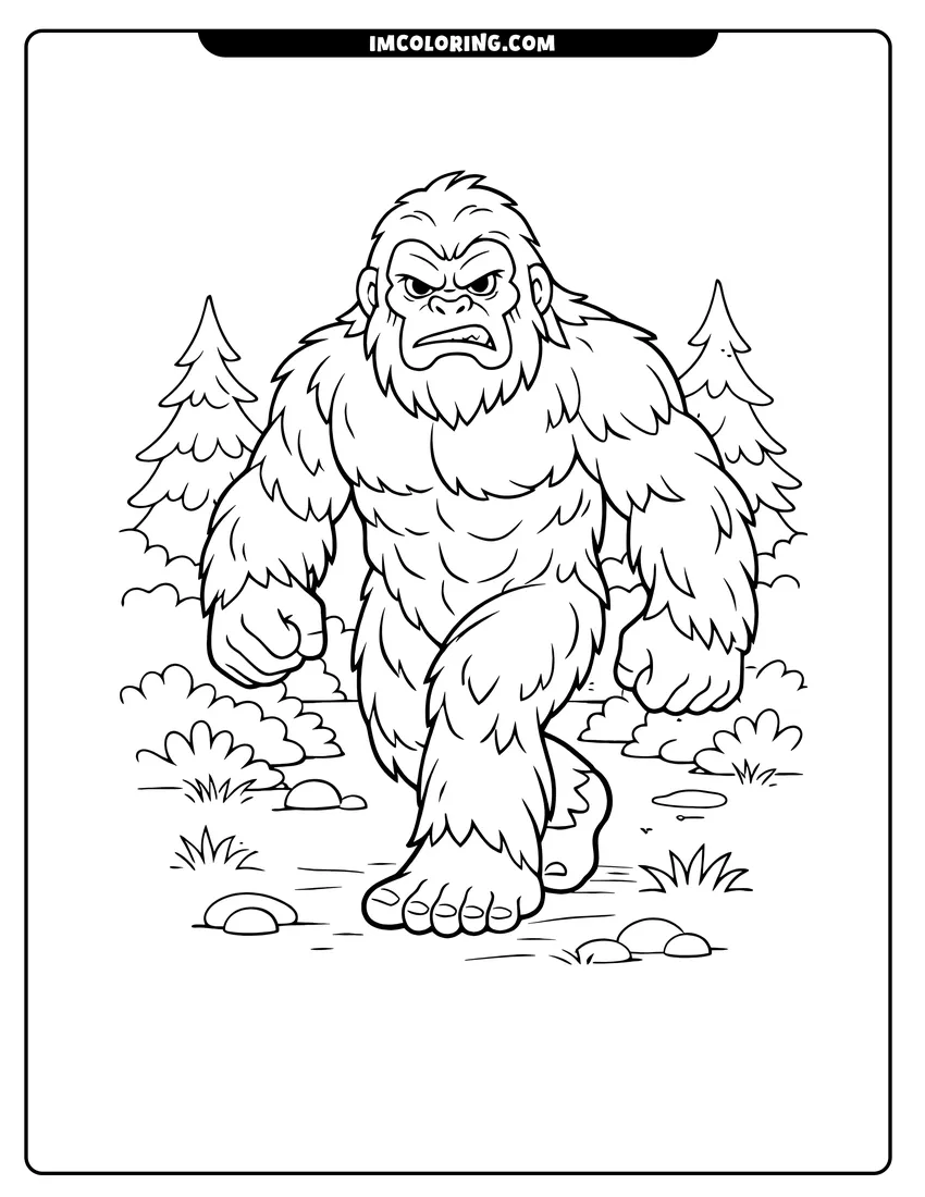 Cute Muscular Bigfoot Yeti with angry expression walking through forest outline for coloring