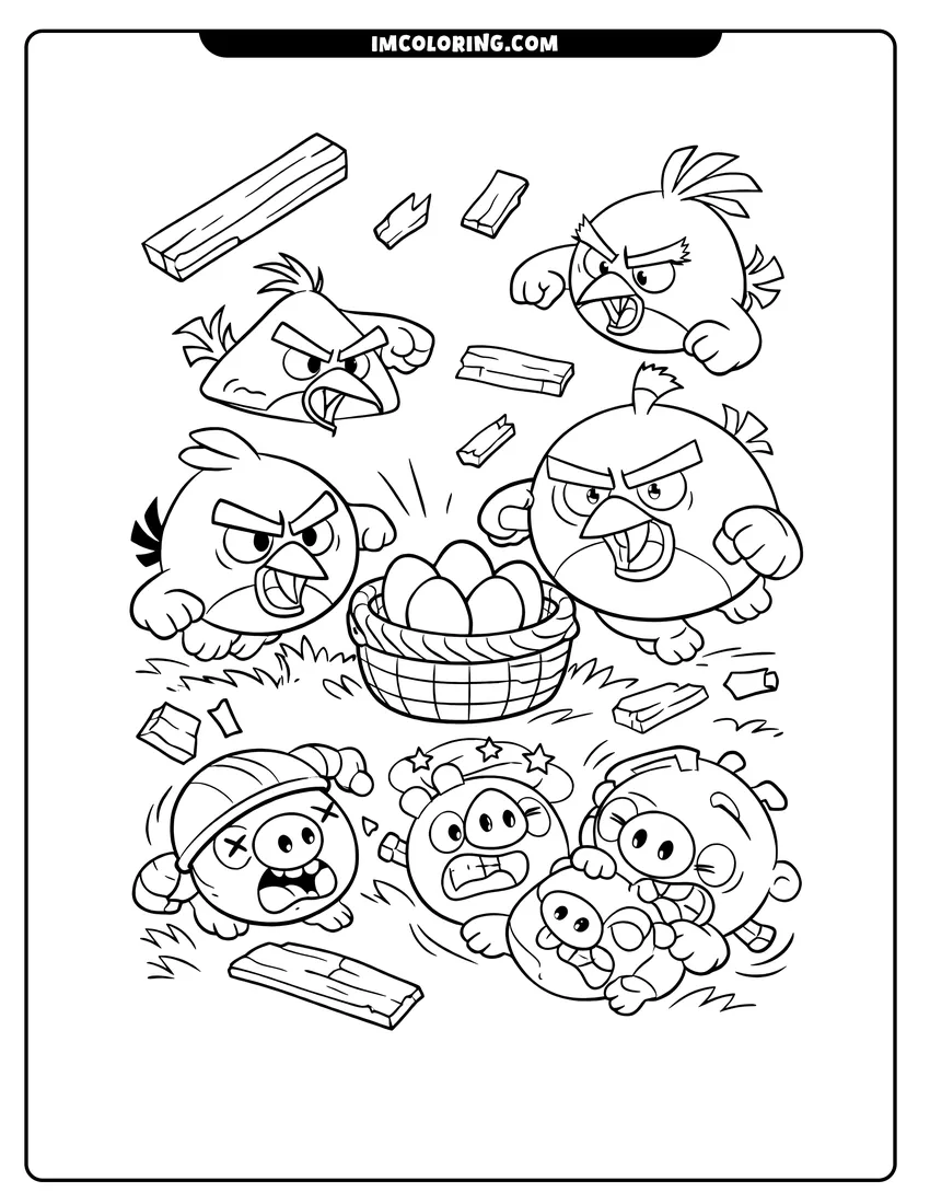 Scene showing Angry Birds flock charging at green pigs near eggs to color